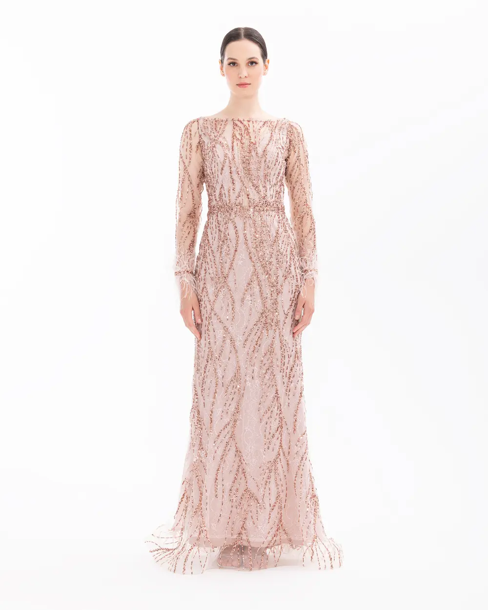 Bead Embroidered Feather Detailed Transparent Evening Dress