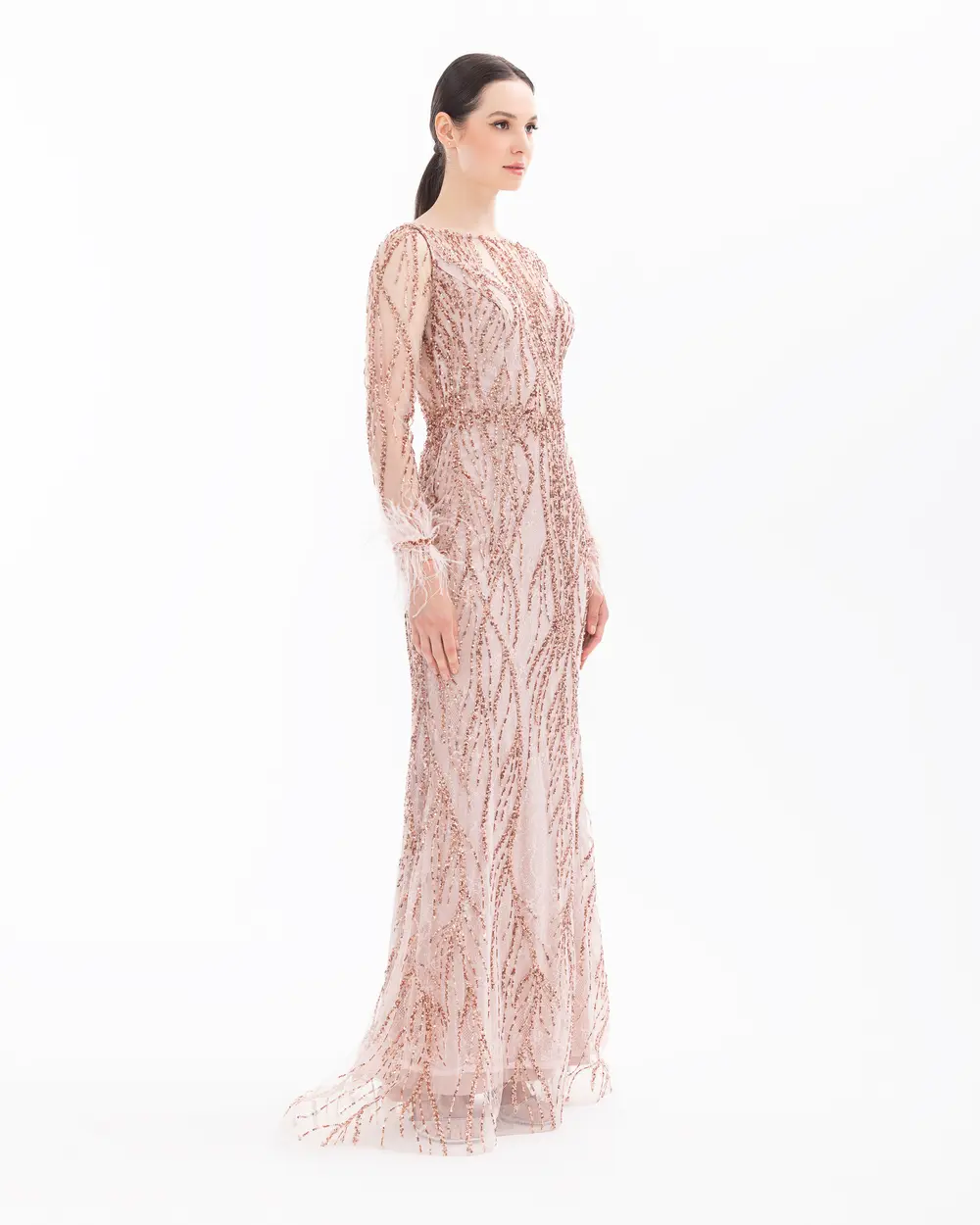 Bead Embroidered Feather Detailed Transparent Evening Dress