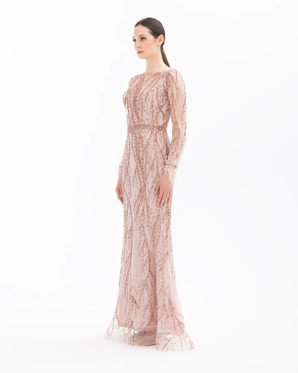 Bead Embroidered Feather Detailed Transparent Evening Dress