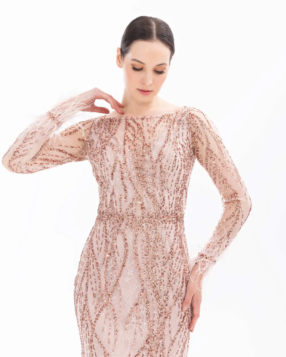 Bead Embroidered Feather Detailed Transparent Evening Dress