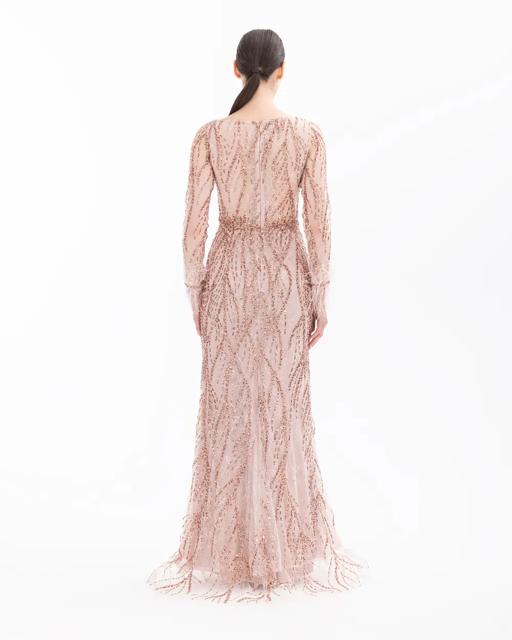 Bead Embroidered Feather Detailed Transparent Evening Dress