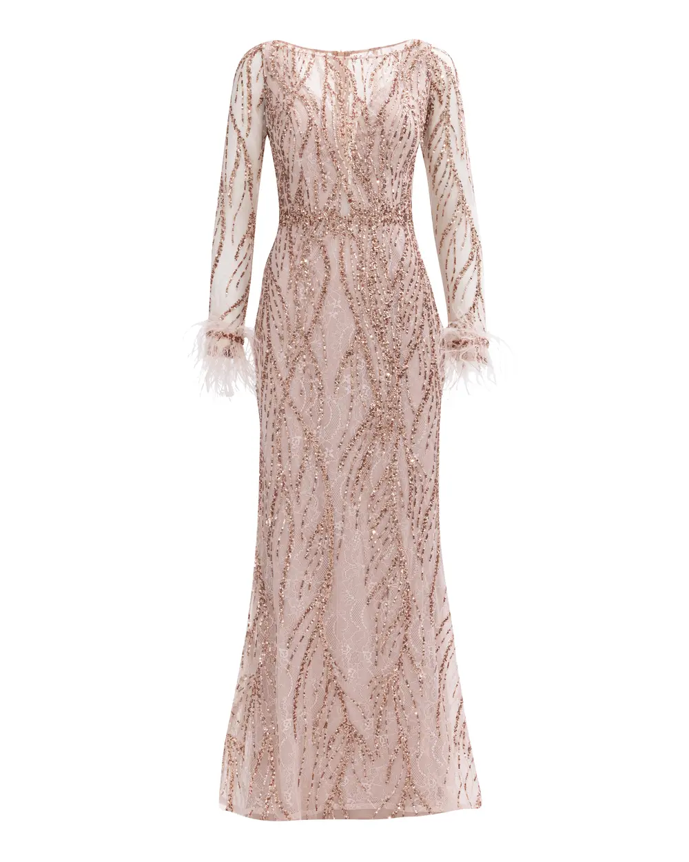 Bead Embroidered Feather Detailed Transparent Evening Dress