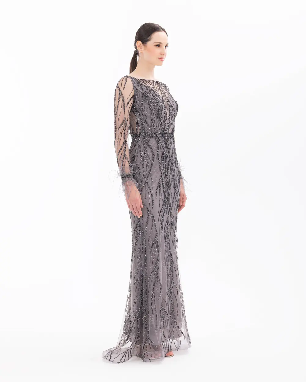 Bead Embroidered Feather Detailed Transparent Evening Dress