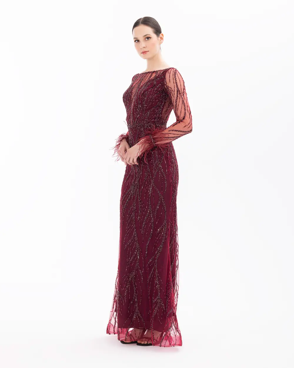 Bead Embroidered Feather Detailed Transparent Evening Dress