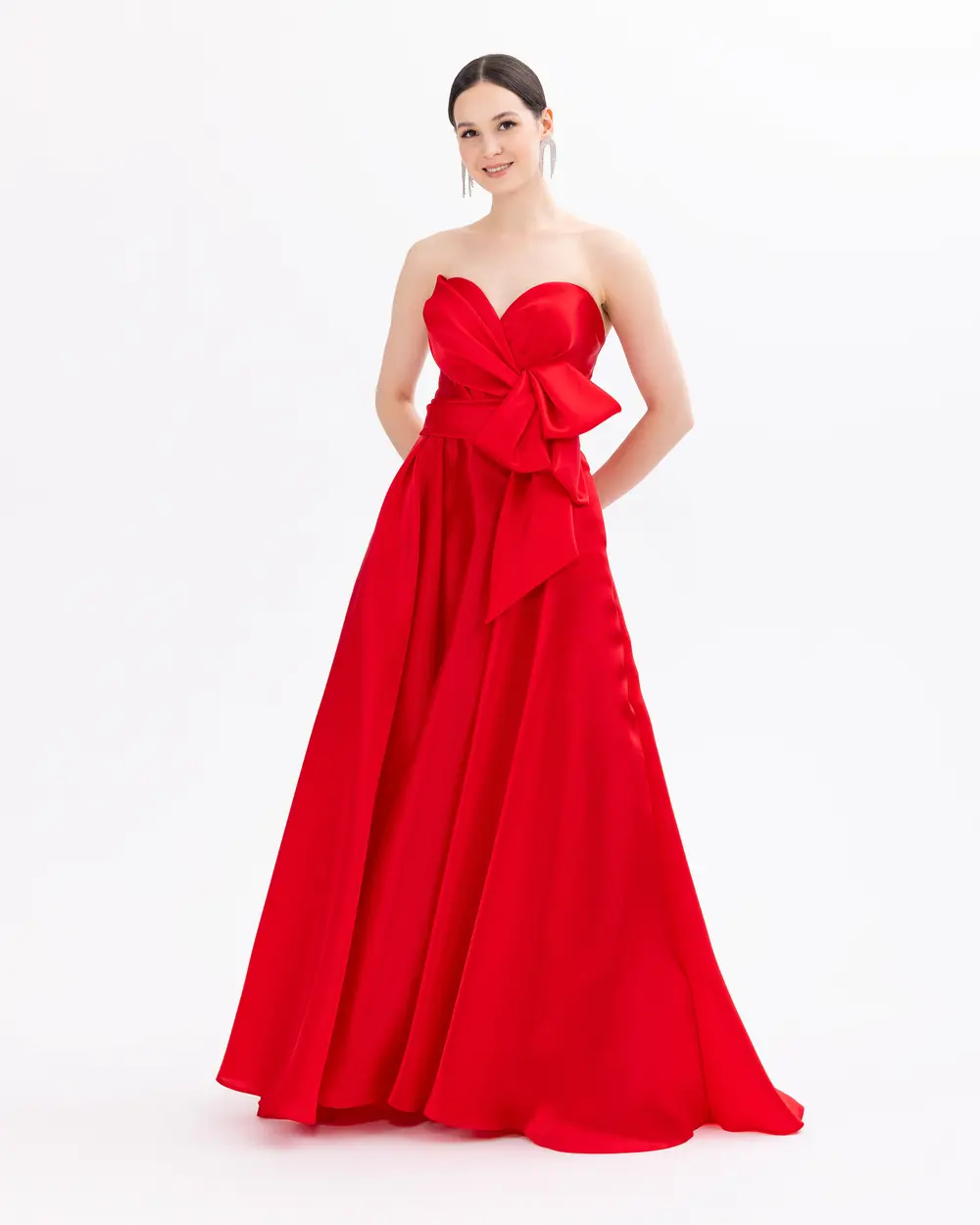 Strapless Satin Evening Dress with Pocket Slit Detail