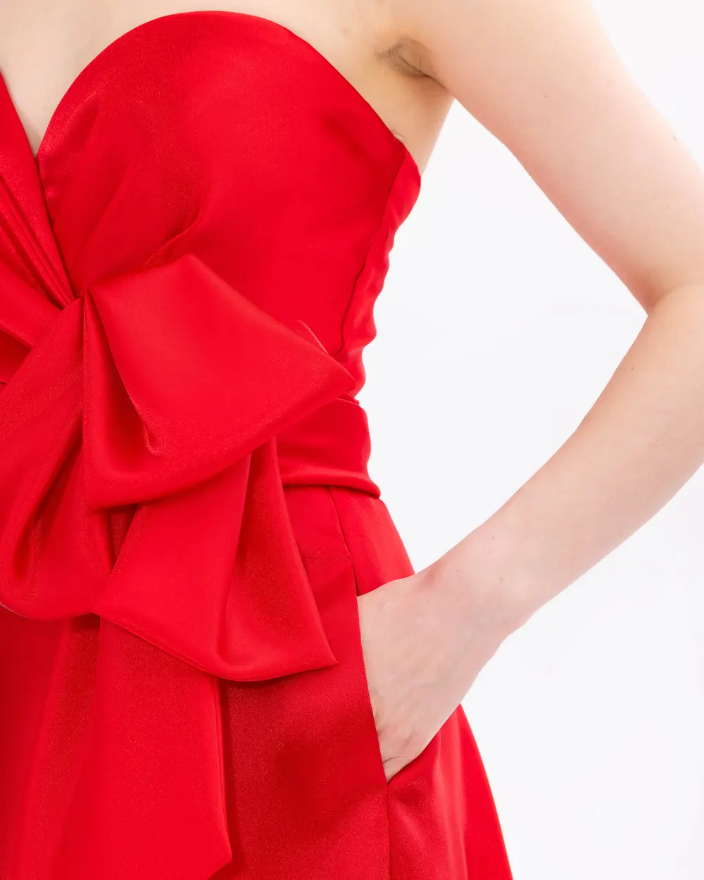 Strapless Satin Evening Dress with Pocket Slit Detail