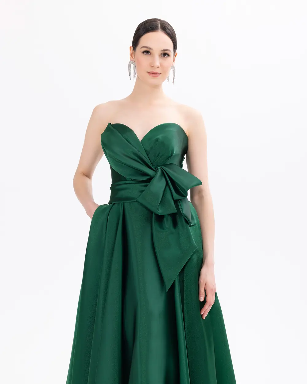 Strapless Satin Evening Dress with Pocket Slit Detail