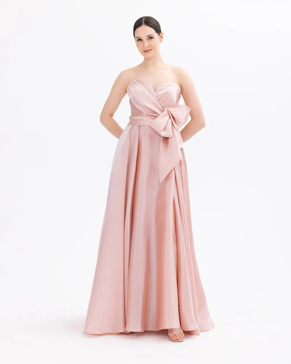 Strapless Acetate Satin Dress with Slit Ivory