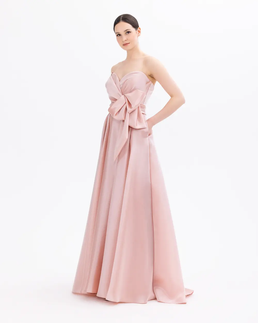 Strapless Satin Evening Dress with Pocket Slit Detail