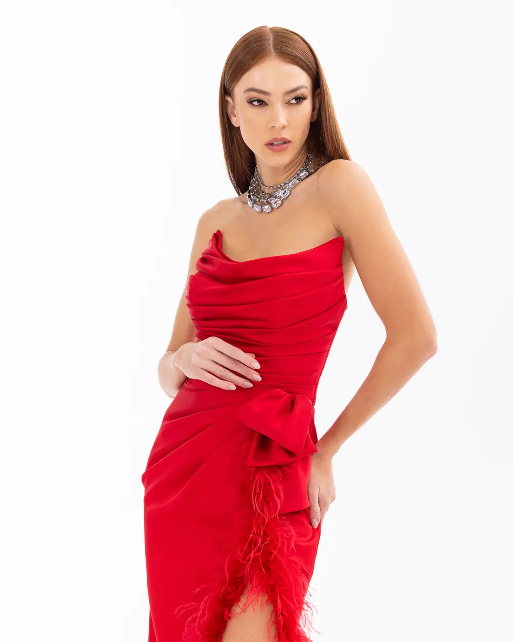 Feather Detailed Strapless Evening Dress with Slits