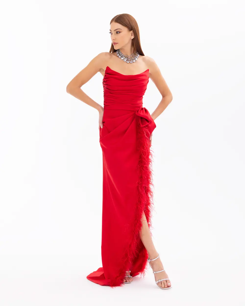 Feather Detailed Strapless Evening Dress with Slits