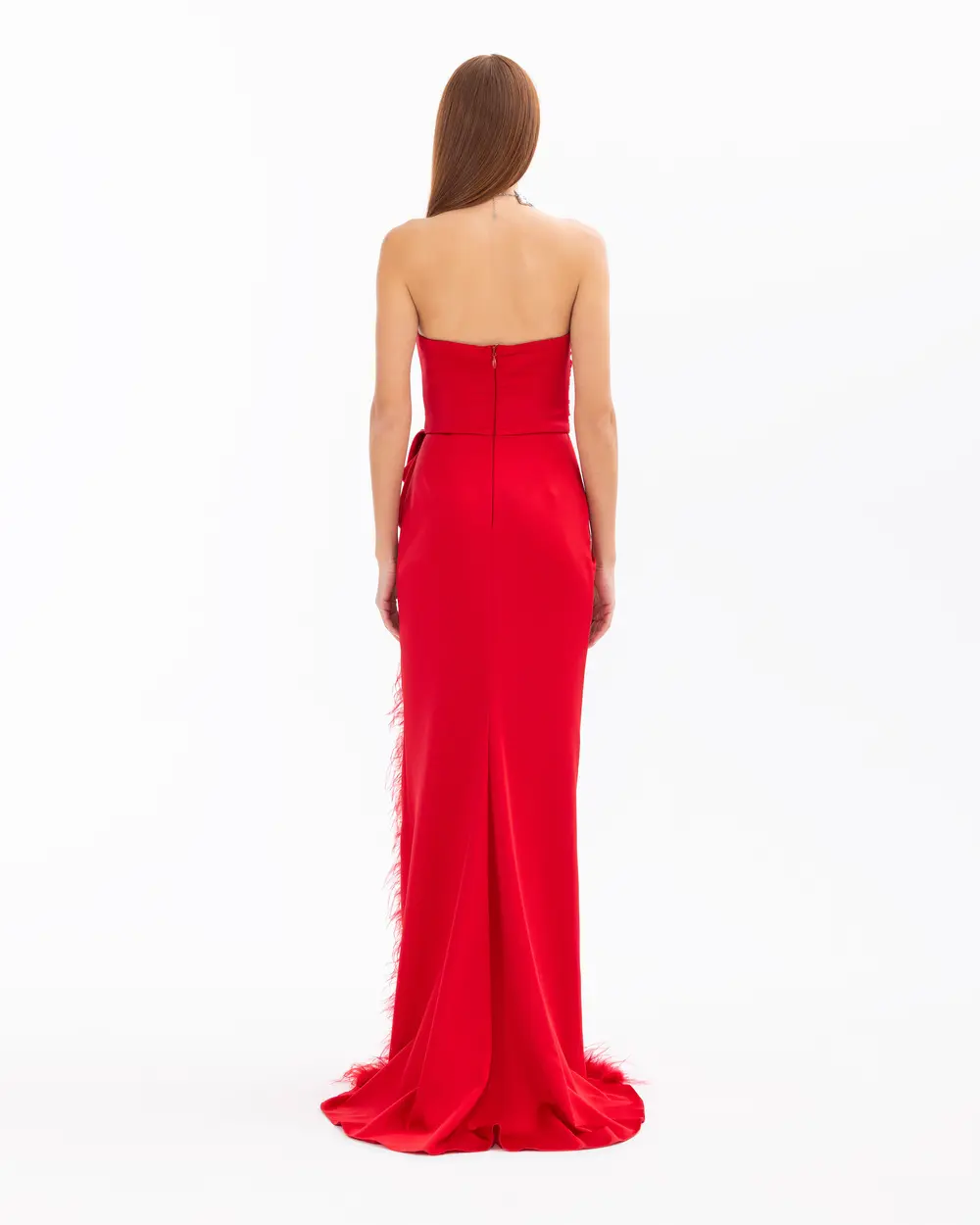 Feather Detailed Strapless Evening Dress with Slits