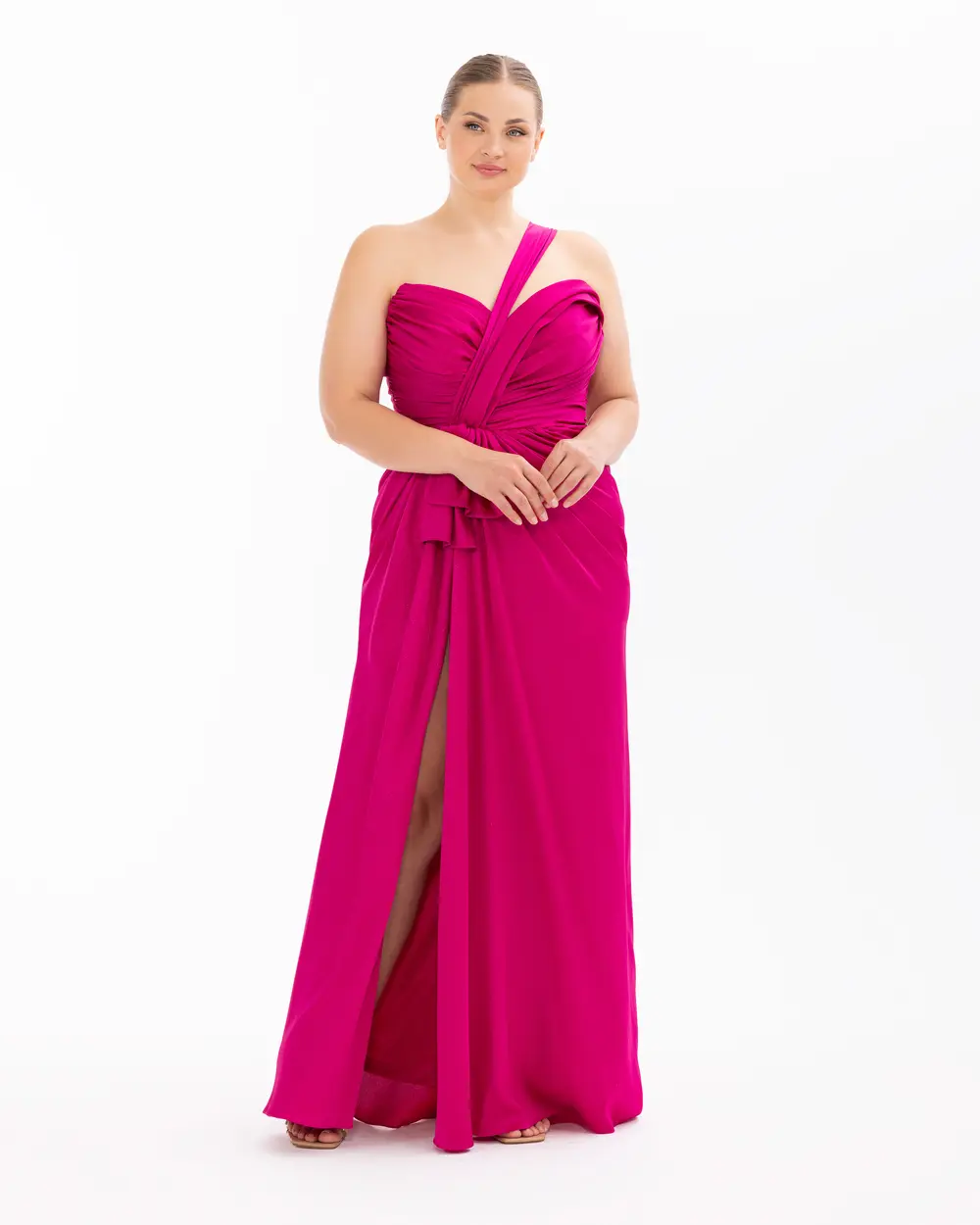 Draped One Shoulder Slit Evening Dress