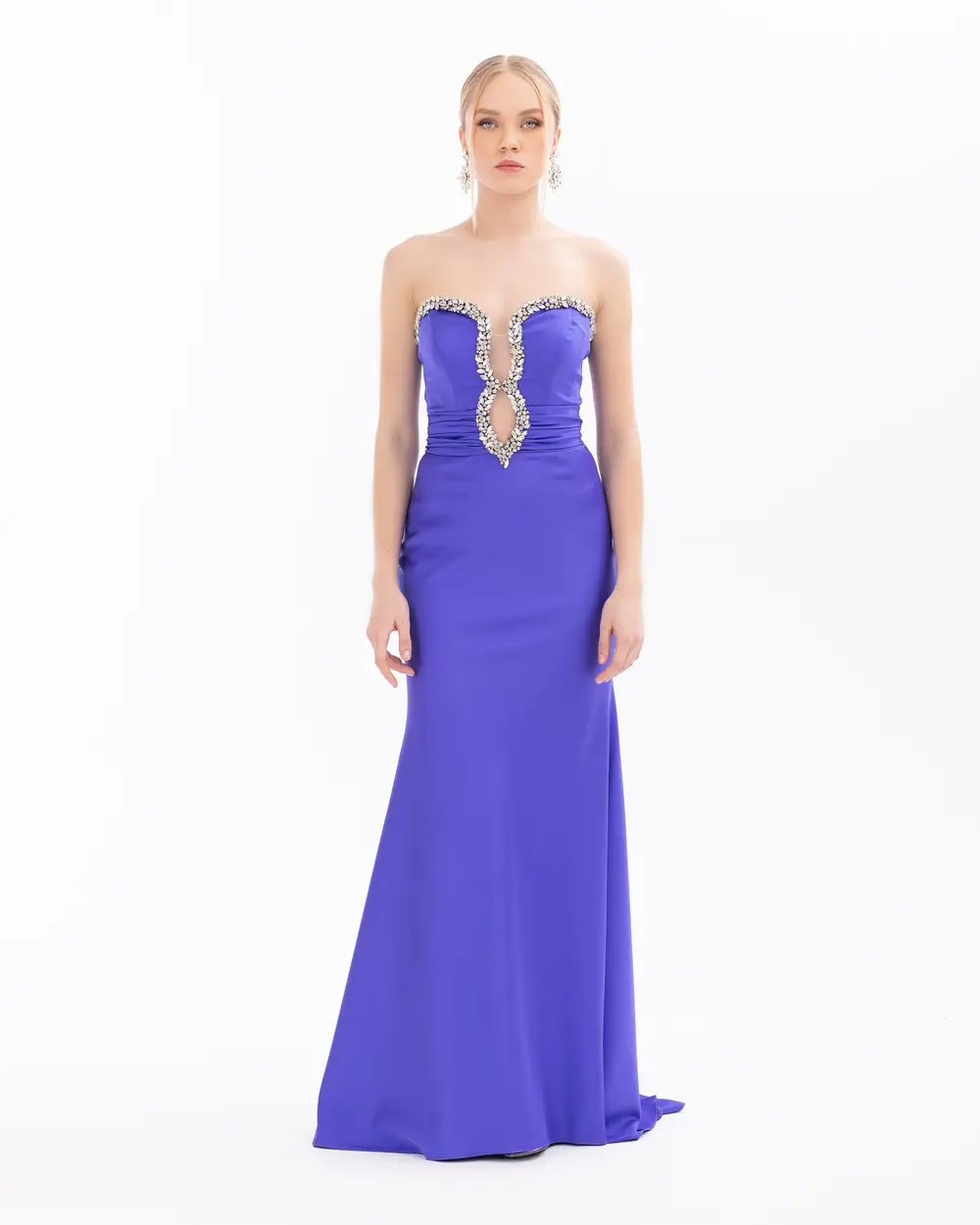 Stone Embroidered Fish Form Decollete Satin Evening Dress