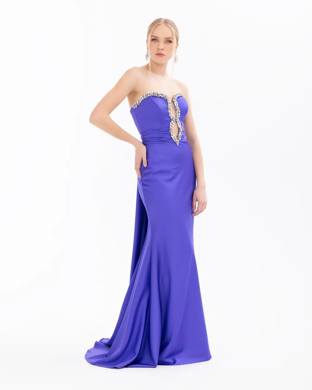 Stone Embroidered Fish Form Decollete Satin Evening Dress