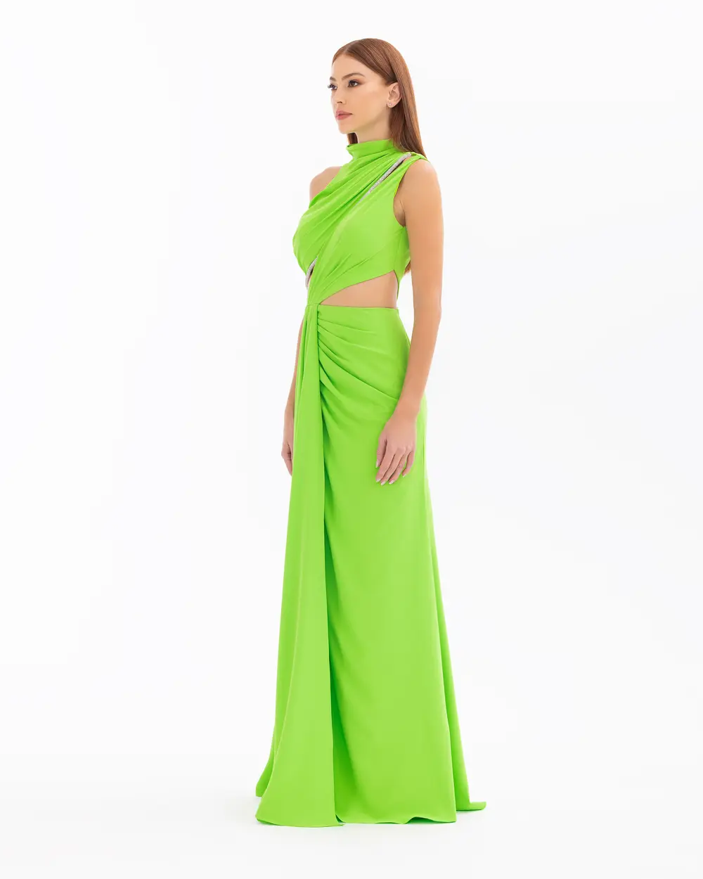 Turtleneck Decollete Maxi Length Satin Evening Dress