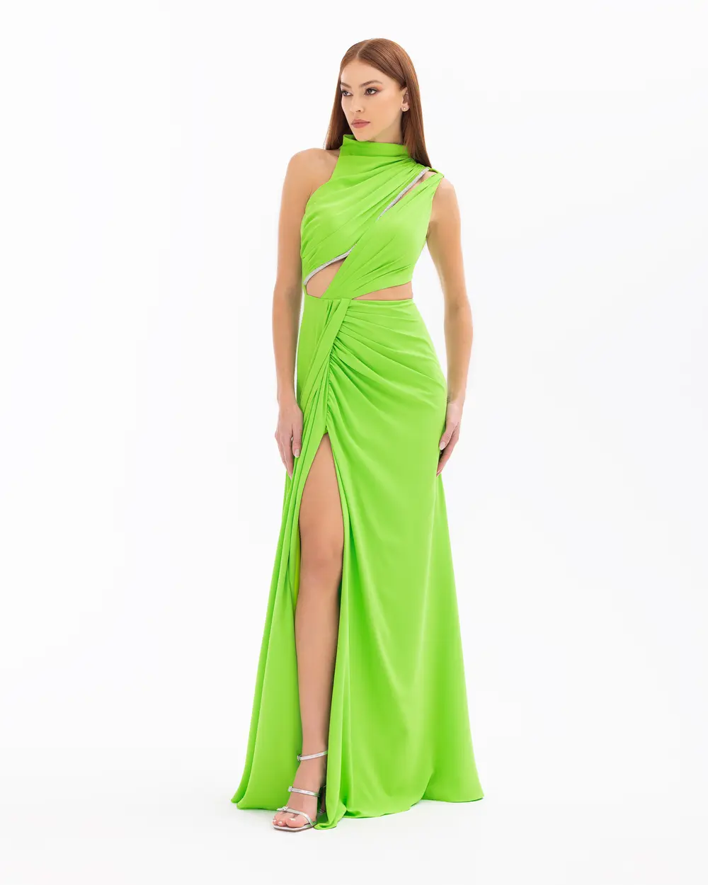 Turtleneck Decollete Maxi Length Satin Evening Dress