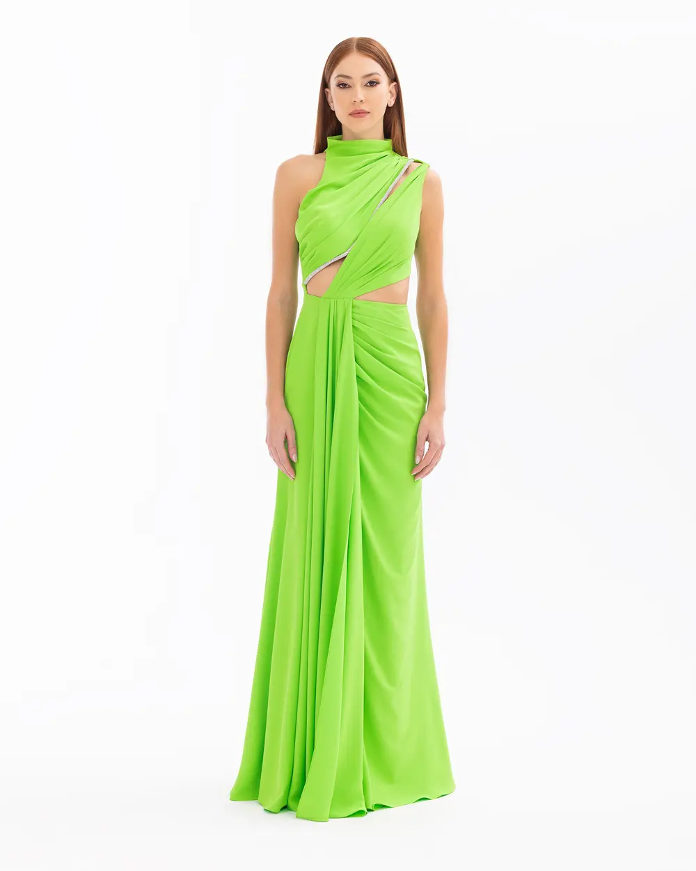 Turtleneck Decollete Maxi Length Satin Evening Dress