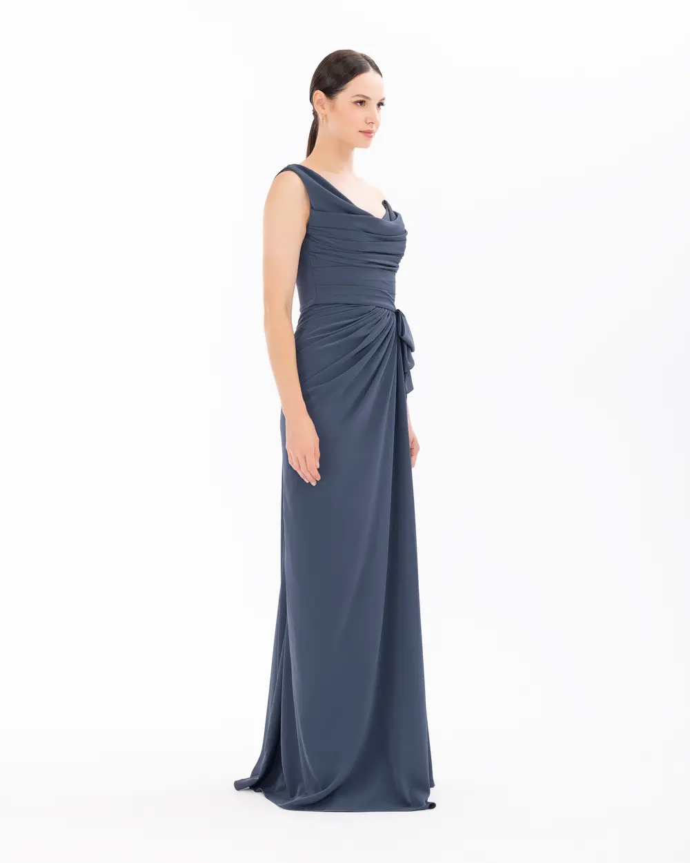 Degaje Collar Draped Satin Evening Dress