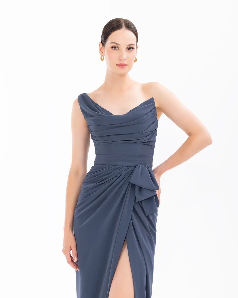 Degaje Collar Draped Satin Evening Dress