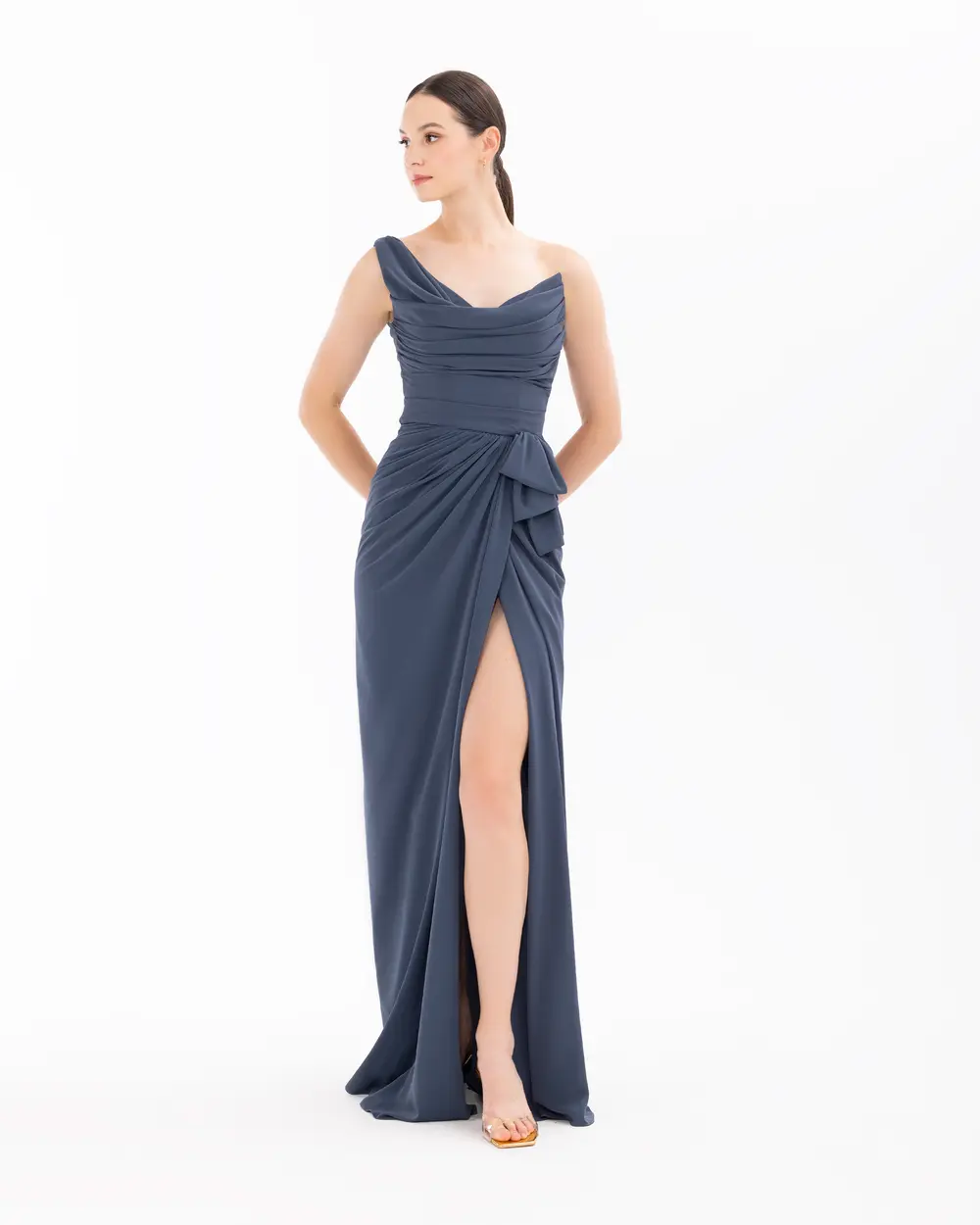 Degaje Collar Draped Satin Evening Dress