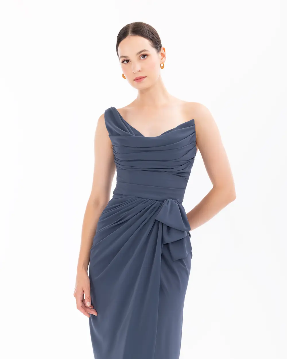 Degaje Collar Draped Satin Evening Dress