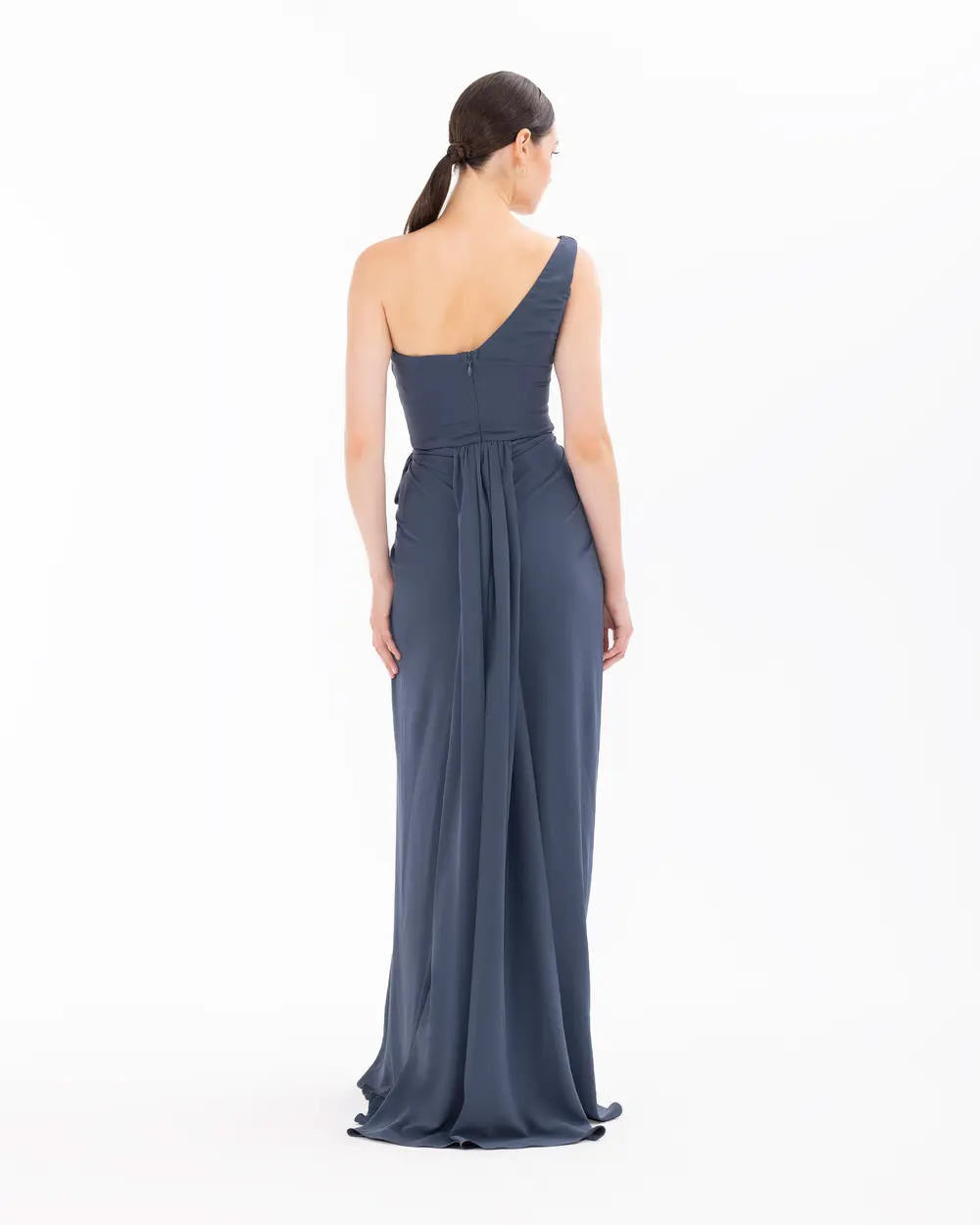 Degaje Collar Draped Satin Evening Dress