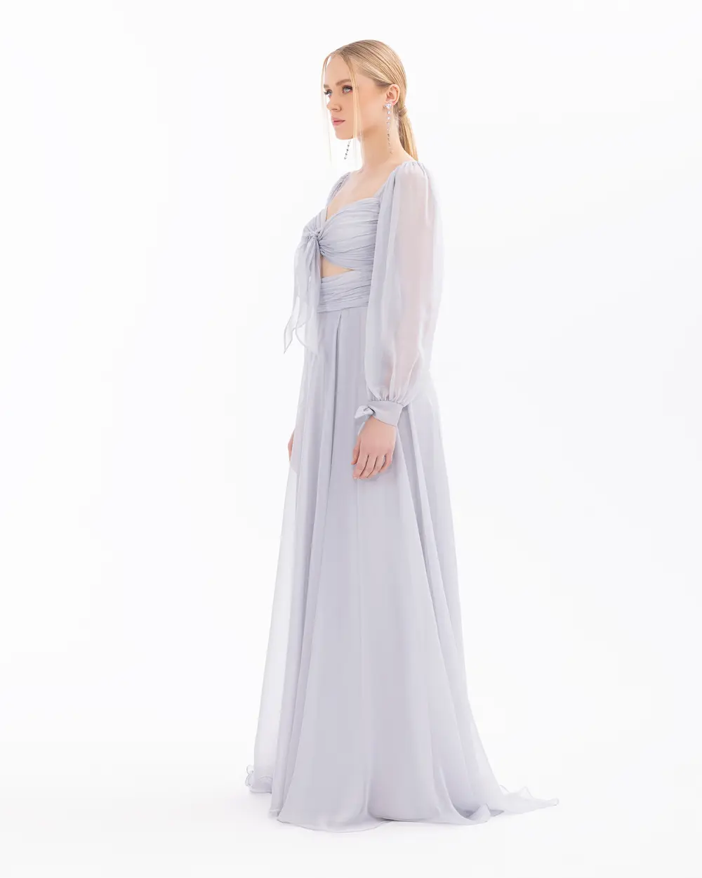 Window Detailed Chiffon Long Sleeve Evening Dress