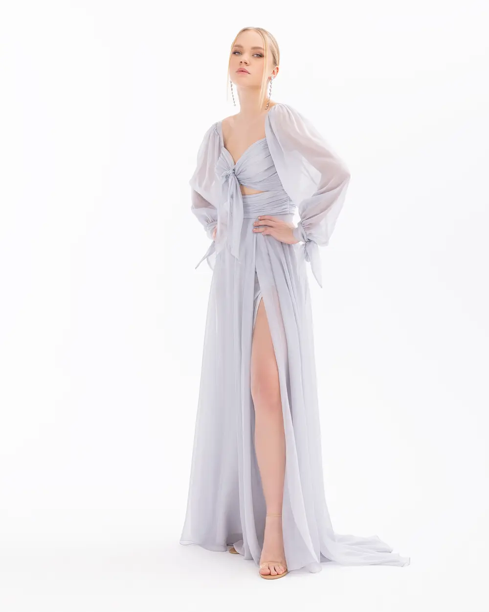 Window Detailed Chiffon Long Sleeve Evening Dress