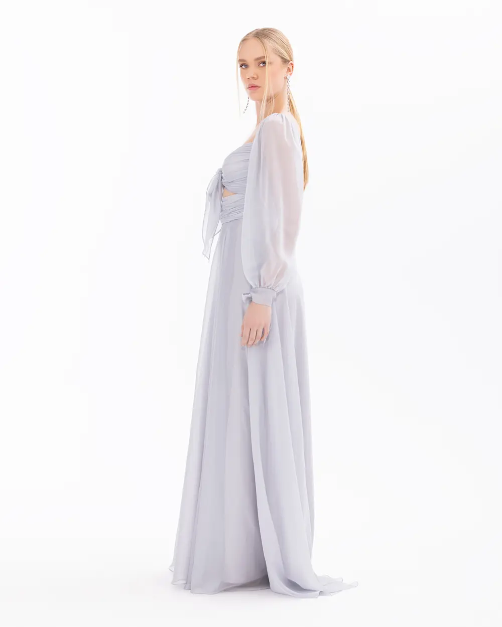 Window Detailed Chiffon Long Sleeve Evening Dress