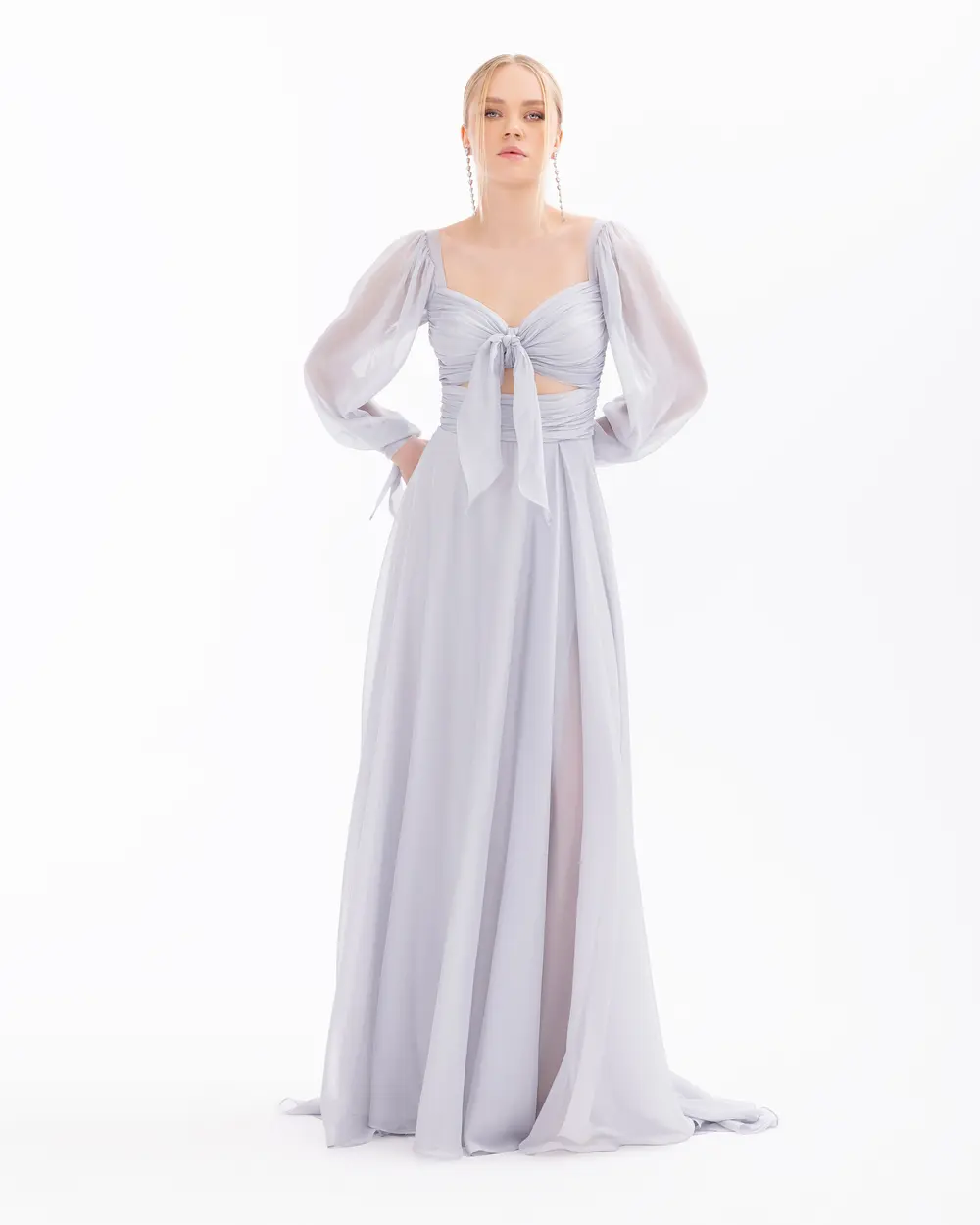 Window Detailed Chiffon Long Sleeve Evening Dress