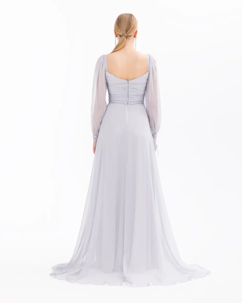 Window Detailed Chiffon Long Sleeve Evening Dress