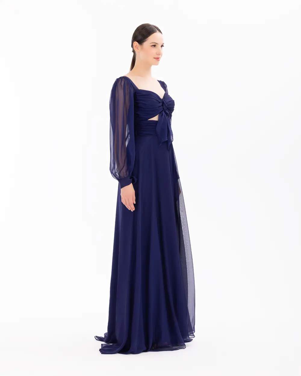 Window Detailed Chiffon Long Sleeve Evening Dress