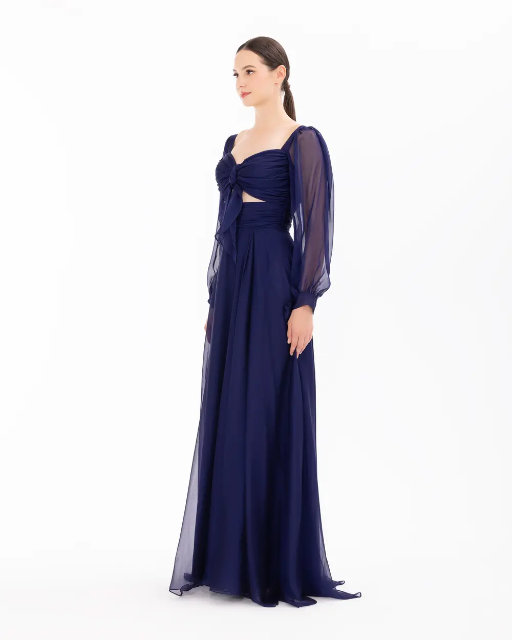 Window Detailed Chiffon Long Sleeve Evening Dress