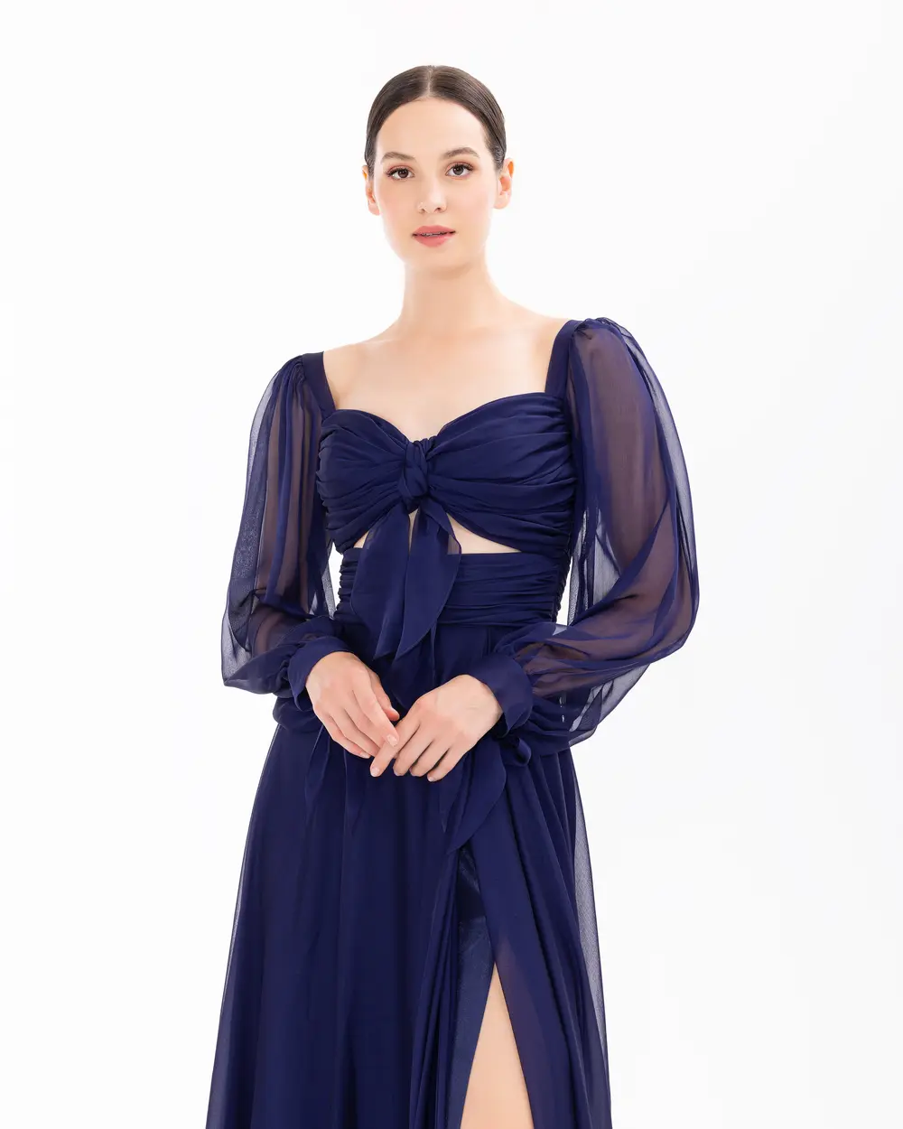 Window Detailed Chiffon Long Sleeve Evening Dress