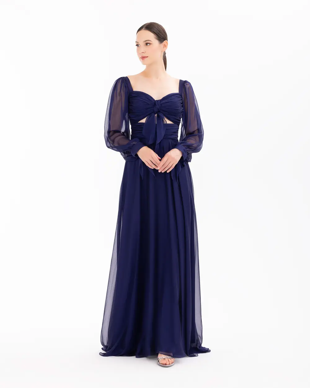 Window Detailed Chiffon Long Sleeve Evening Dress