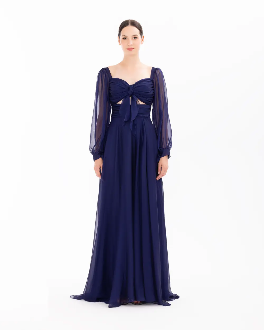 Window Detailed Chiffon Long Sleeve Evening Dress