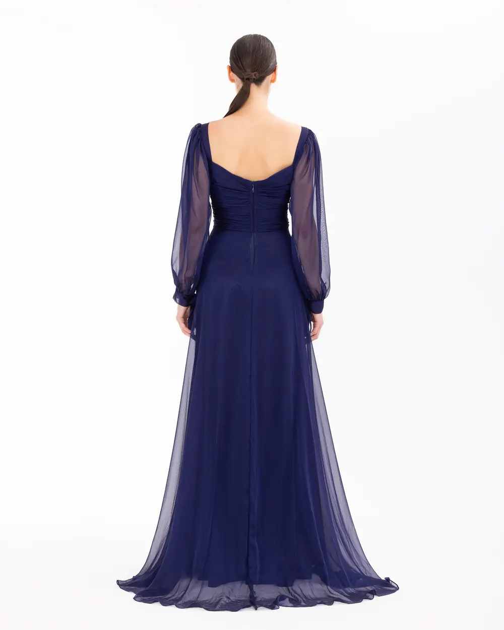 Window Detailed Chiffon Long Sleeve Evening Dress