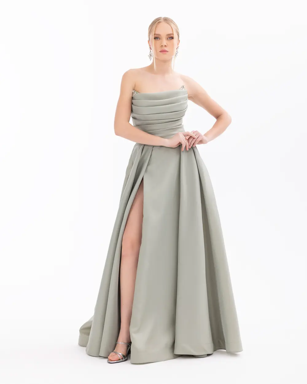Organza Fabric Stone Detailed Pleated Evening Dress