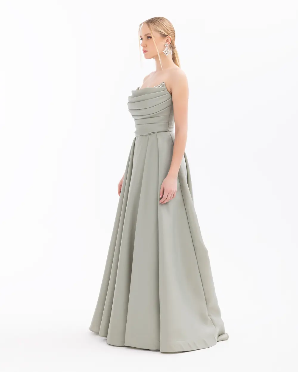 Organza Fabric Stone Detailed Pleated Evening Dress