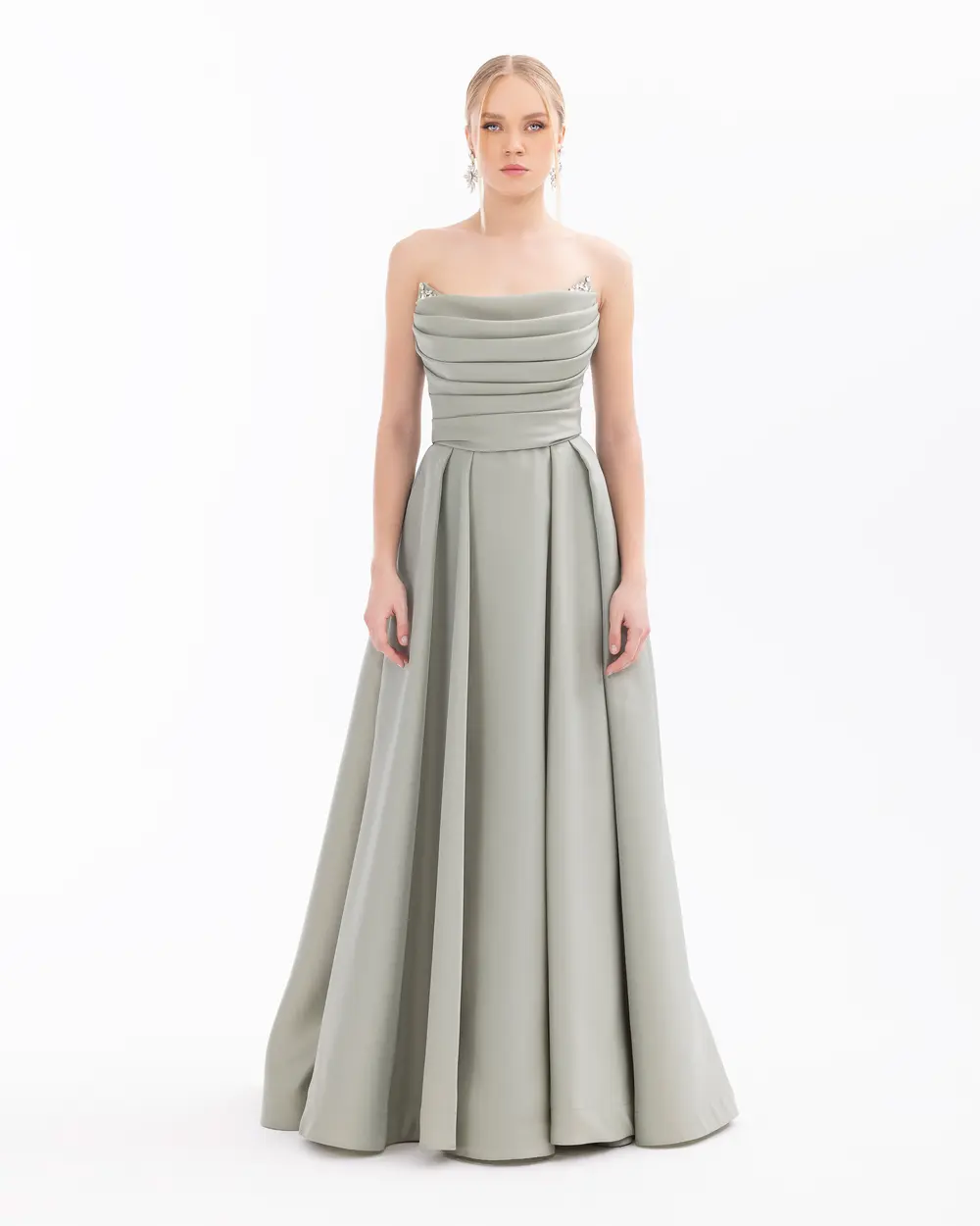 Organza Fabric Stone Detailed Pleated Evening Dress