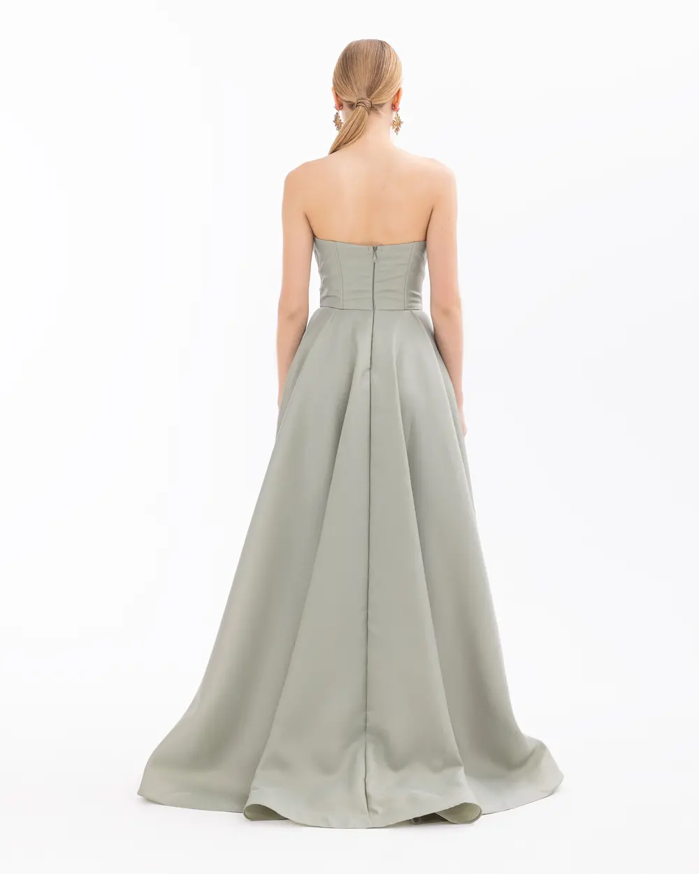 Organza Fabric Stone Detailed Pleated Evening Dress