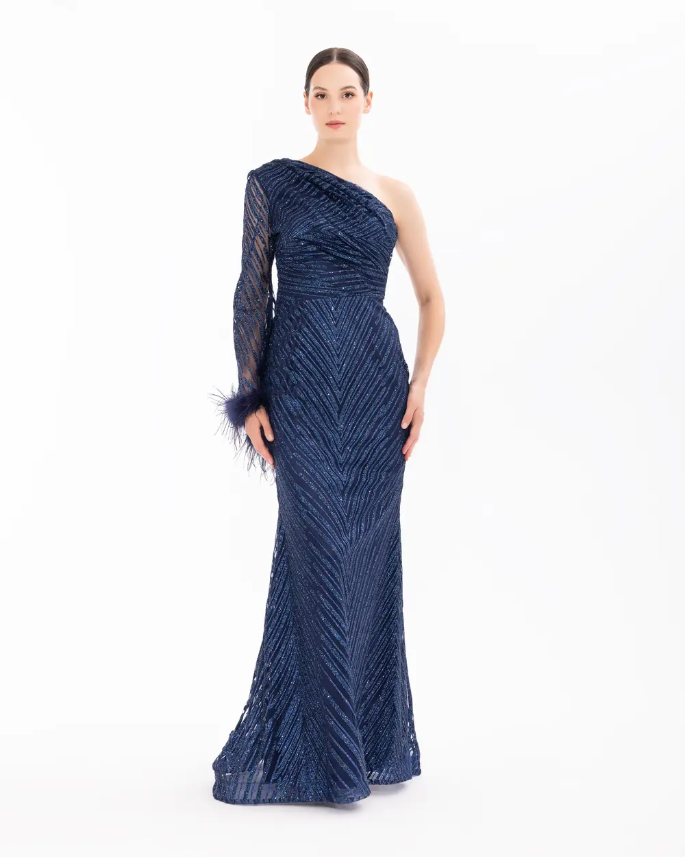 Bead Embroidered One Shoulder Feather Detailed Evening Dress