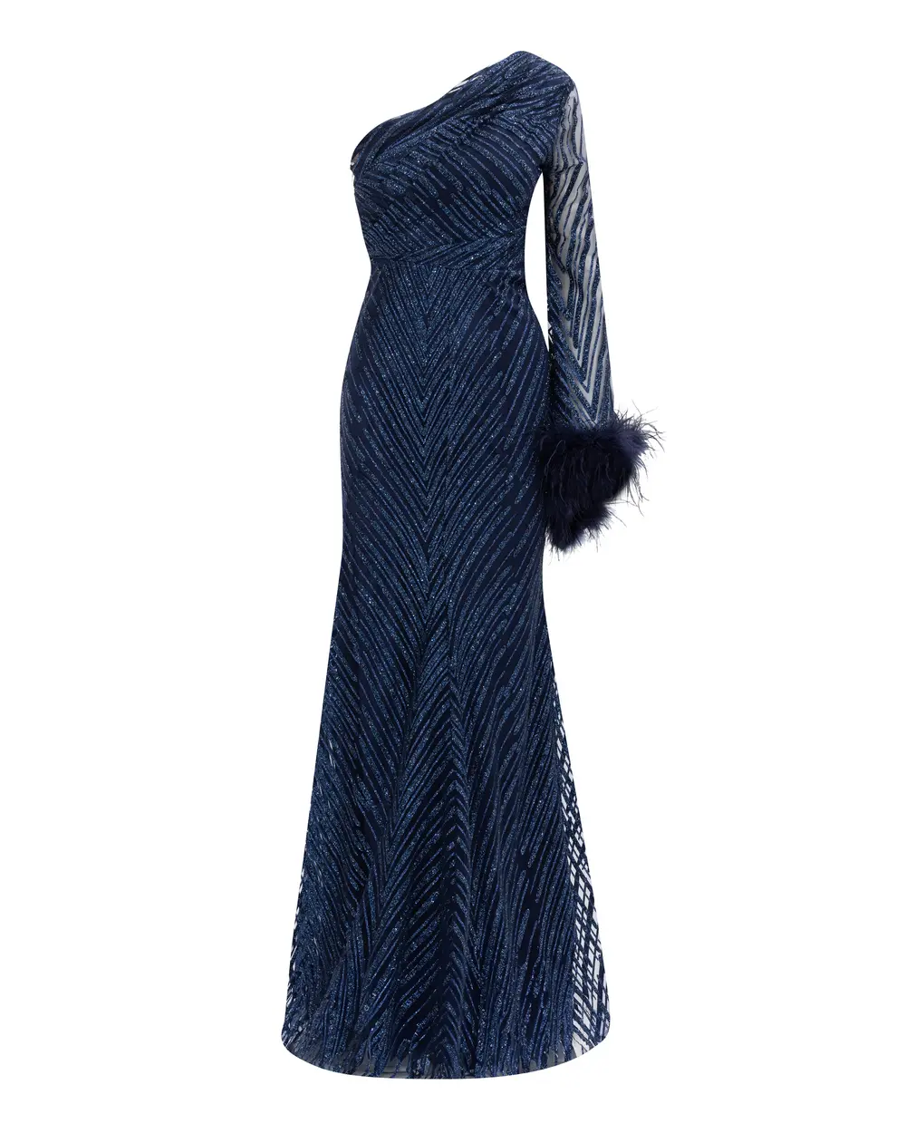 Bead Embroidered One Shoulder Feather Detailed Evening Dress