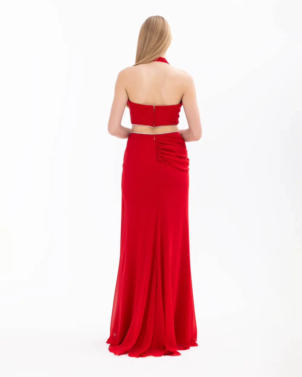 Draped V-Neck Chiffon Evening Dress with Stones