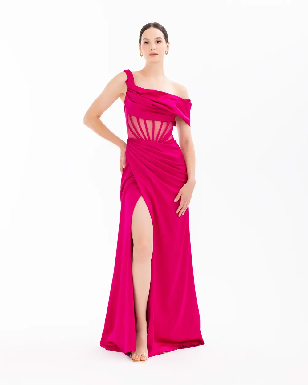 One Shoulder Draped Transparent Evening Dress with Slit Detail