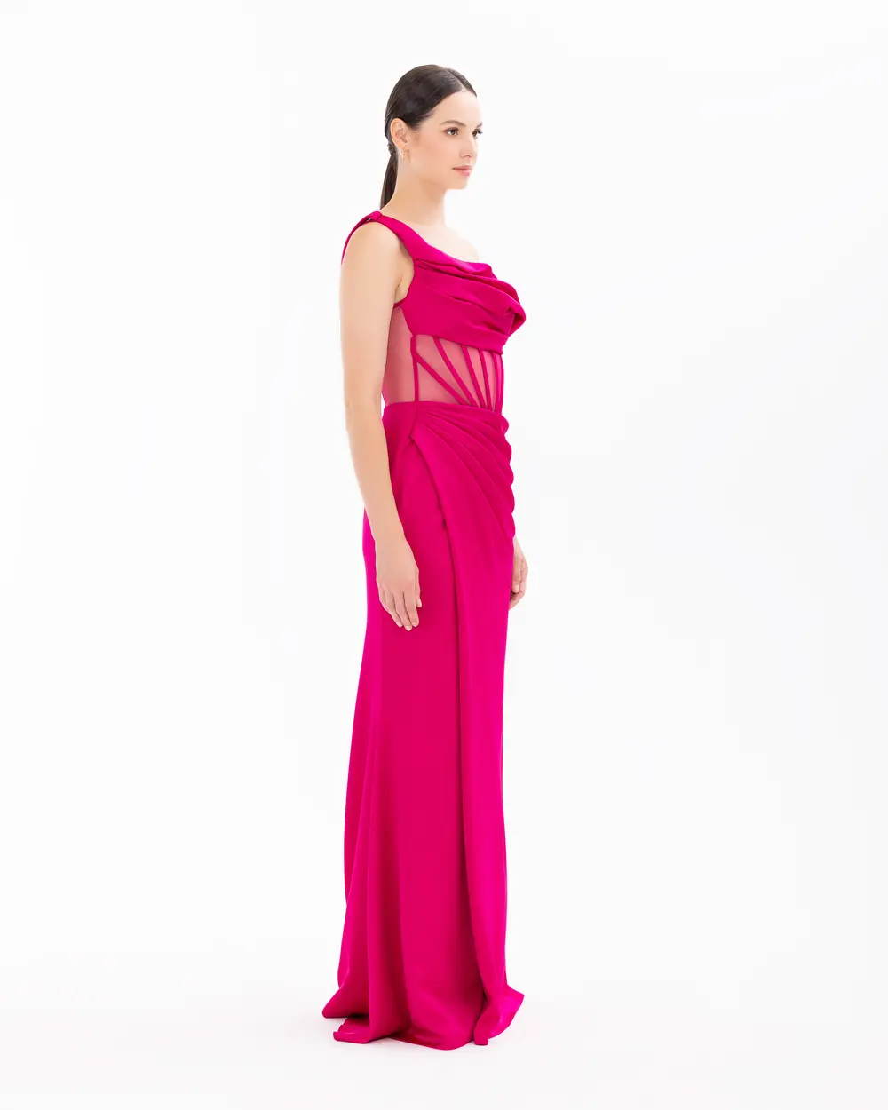 One Shoulder Draped Transparent Evening Dress with Slit Detail