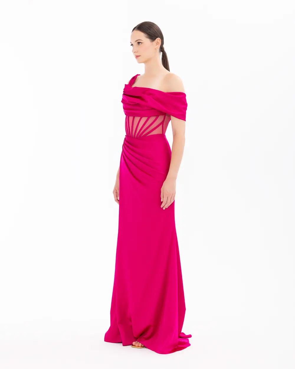 One Shoulder Draped Transparent Evening Dress with Slit Detail