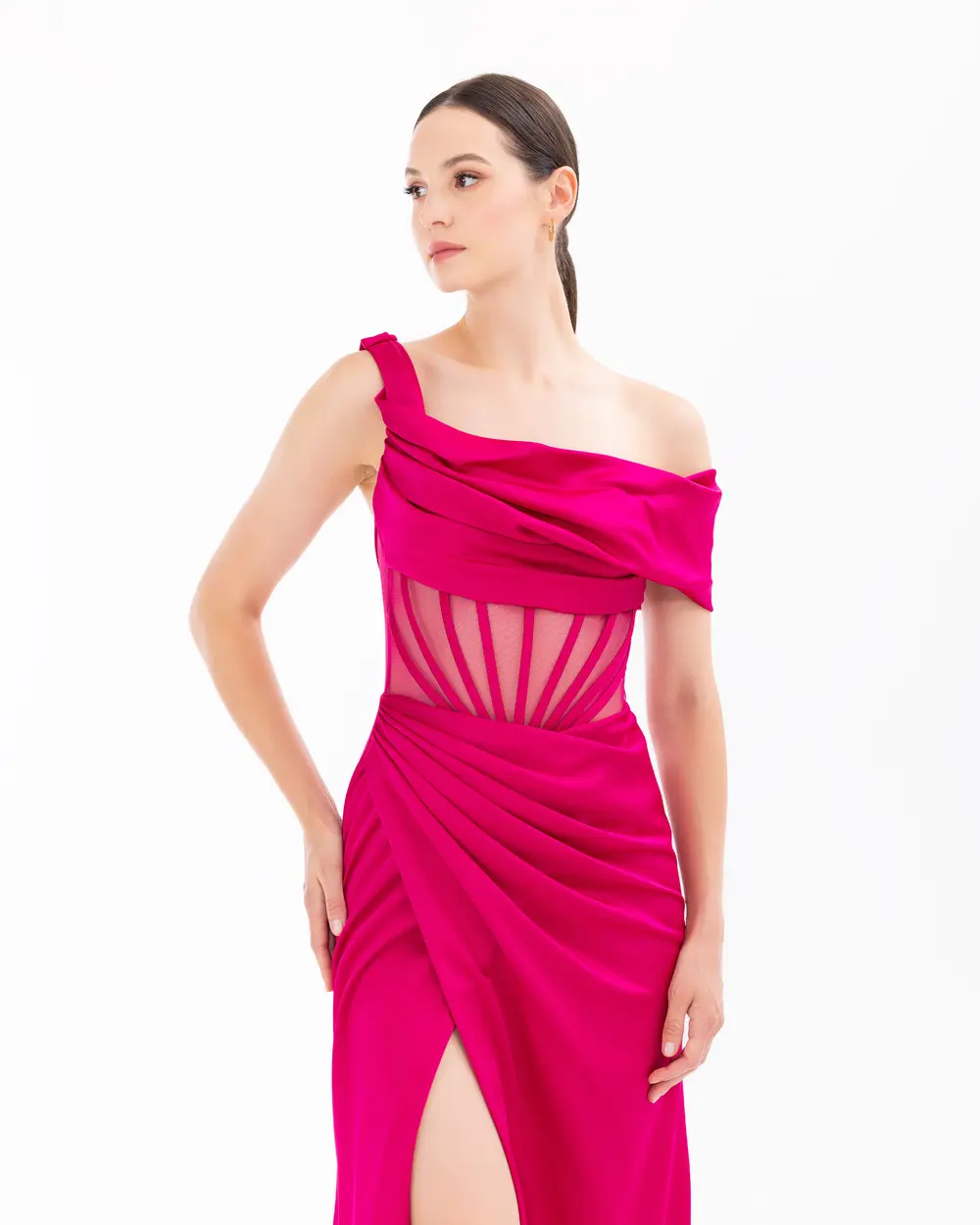 One Shoulder Draped Transparent Evening Dress with Slit Detail