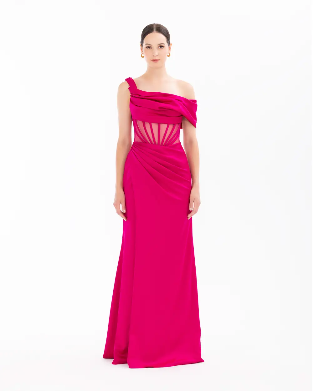 One Shoulder Draped Transparent Evening Dress with Slit Detail